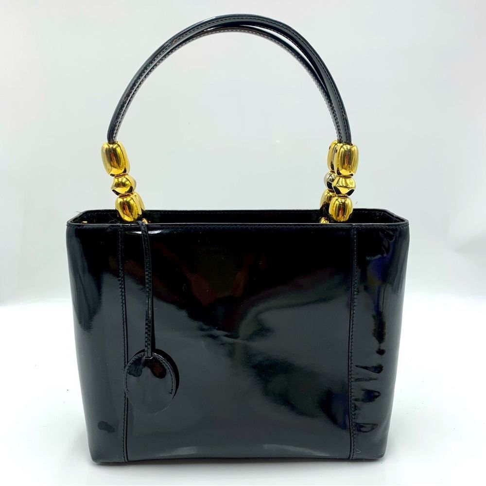Auth DIOR Black Pearl Enamel Leather Malice Tote Bag Beaded Accents Galliano Bag